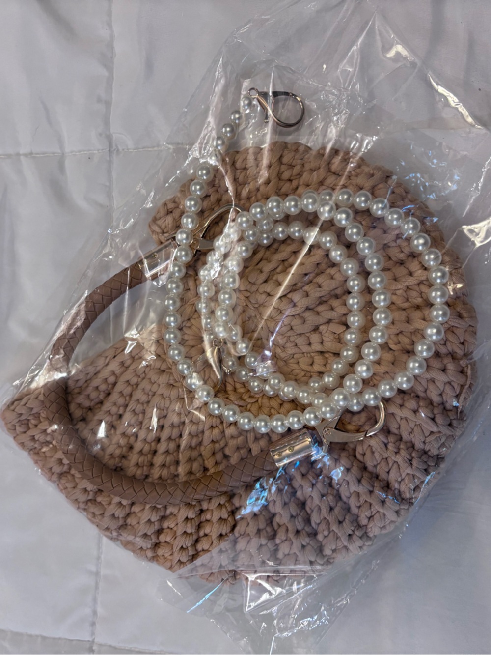 Shell Crochet Beach Bag with Pearl Strap - Beige - Picture 2 of 4